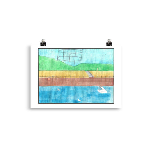 Architectural watercolour print of a black geometric wireframe grid overlaying yellow city buildings and green terrain.