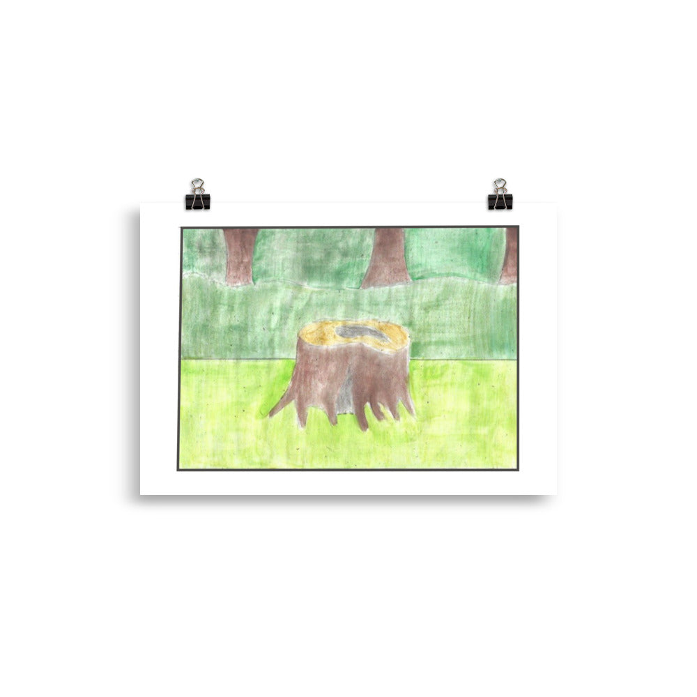 Minimalist landscape watercolour painting featuring an organic old tree stump against a clean graphic background of blue water.