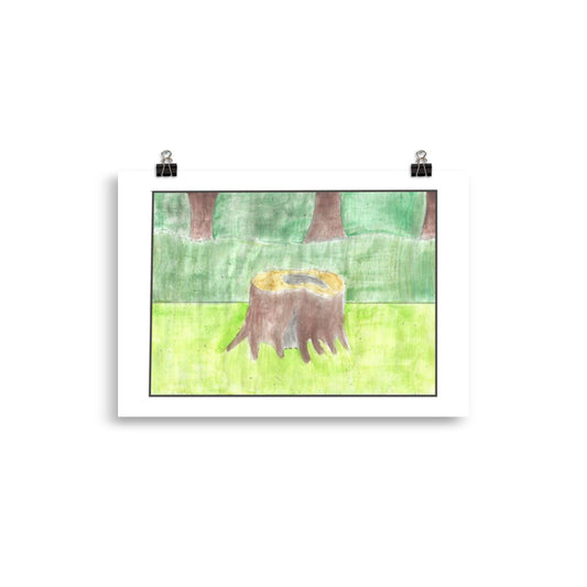 Minimalist landscape watercolour painting featuring an organic old tree stump against a clean graphic background of blue water.