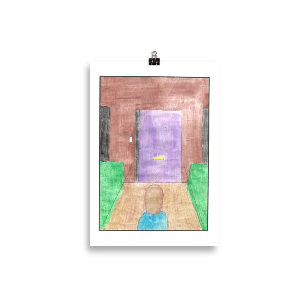 Moody urban watercolor illustration of a person in a green jacket walking past massive brown city apartment blocks.

